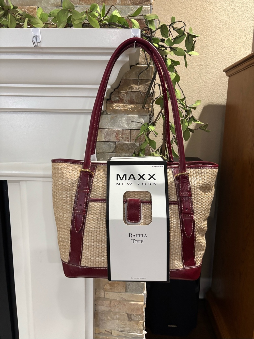 MAXX New York Raffia Tote in Burgundy Trim